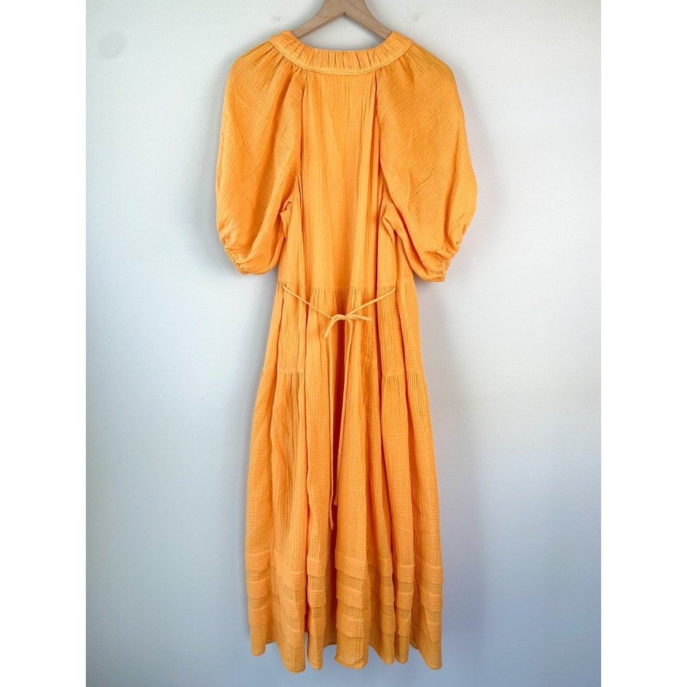 Draper James Chloe V Neck Midi Dress S Orange Crinkle Cotton Tiered Puff Sleeve - Picture 6 of 12